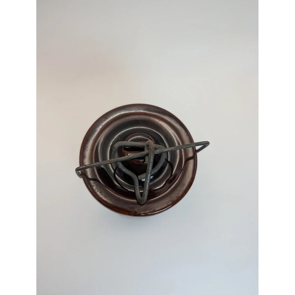 Vintage Mille Lacs Gourmet Foods Brown Stoneware Crock Jar Wire Bail 14oz